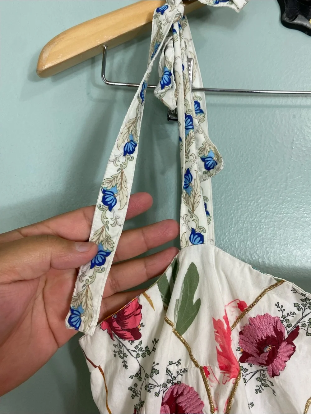 Anthropologie Tie Strap Printed Midi Dress Floral Sundress Birds Large - Picture 6 of 13